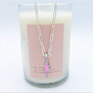 Sterling silver paperclip chain with link enamel lightening bolt